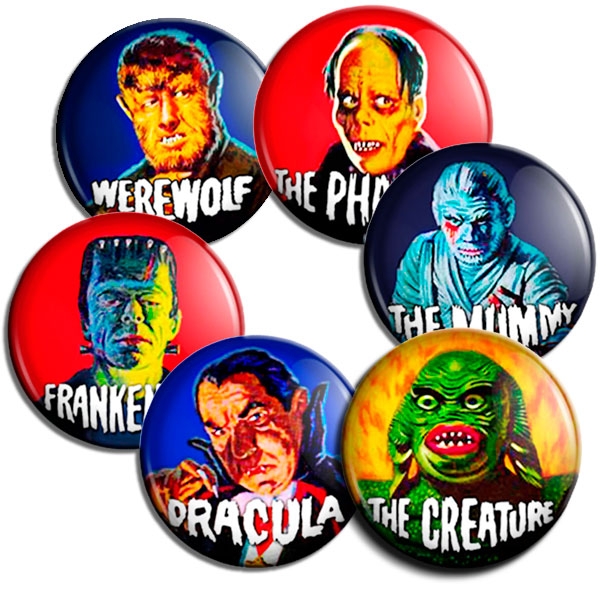 Set of 6 1960s-Style Monster Buttons!  New Giant 3" Size!